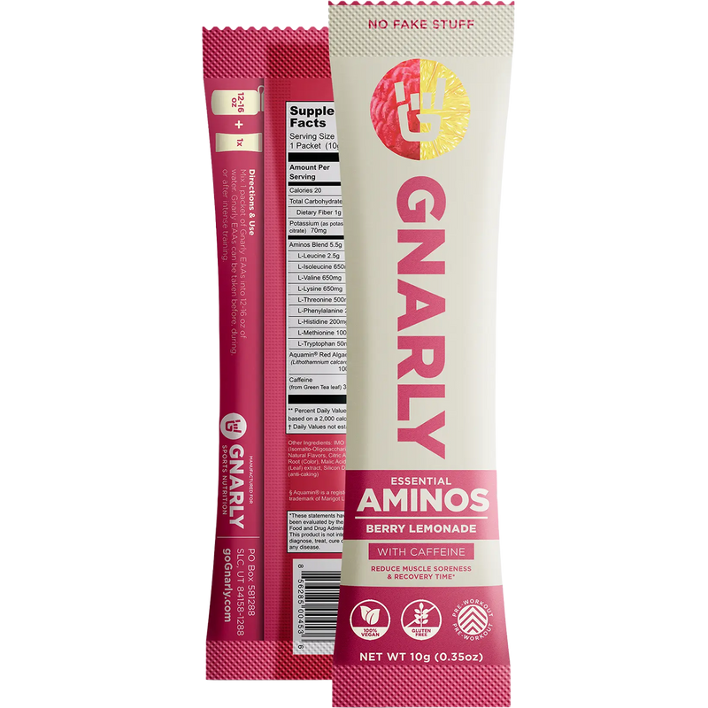Essential Aminos (Single Serving), Gnarly Sports Nutrition Essential Aminos (Single Serving) Berry Lemonade + Caffeine front and back