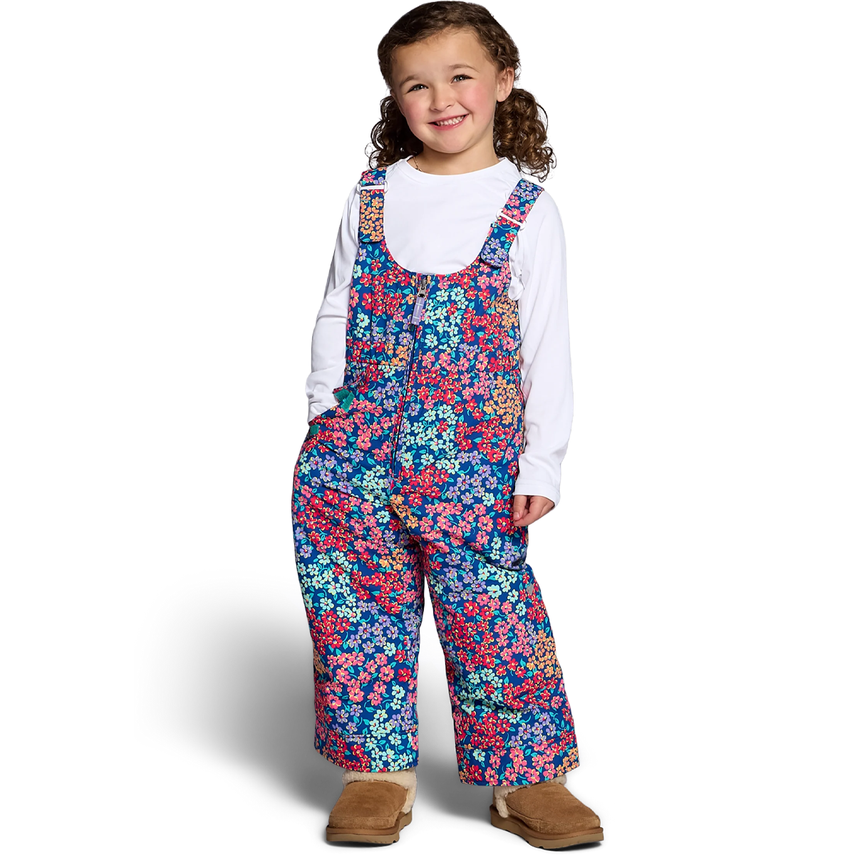 Obermeyer Youth Snoverall Print Bib Pant in Calico Mini on model