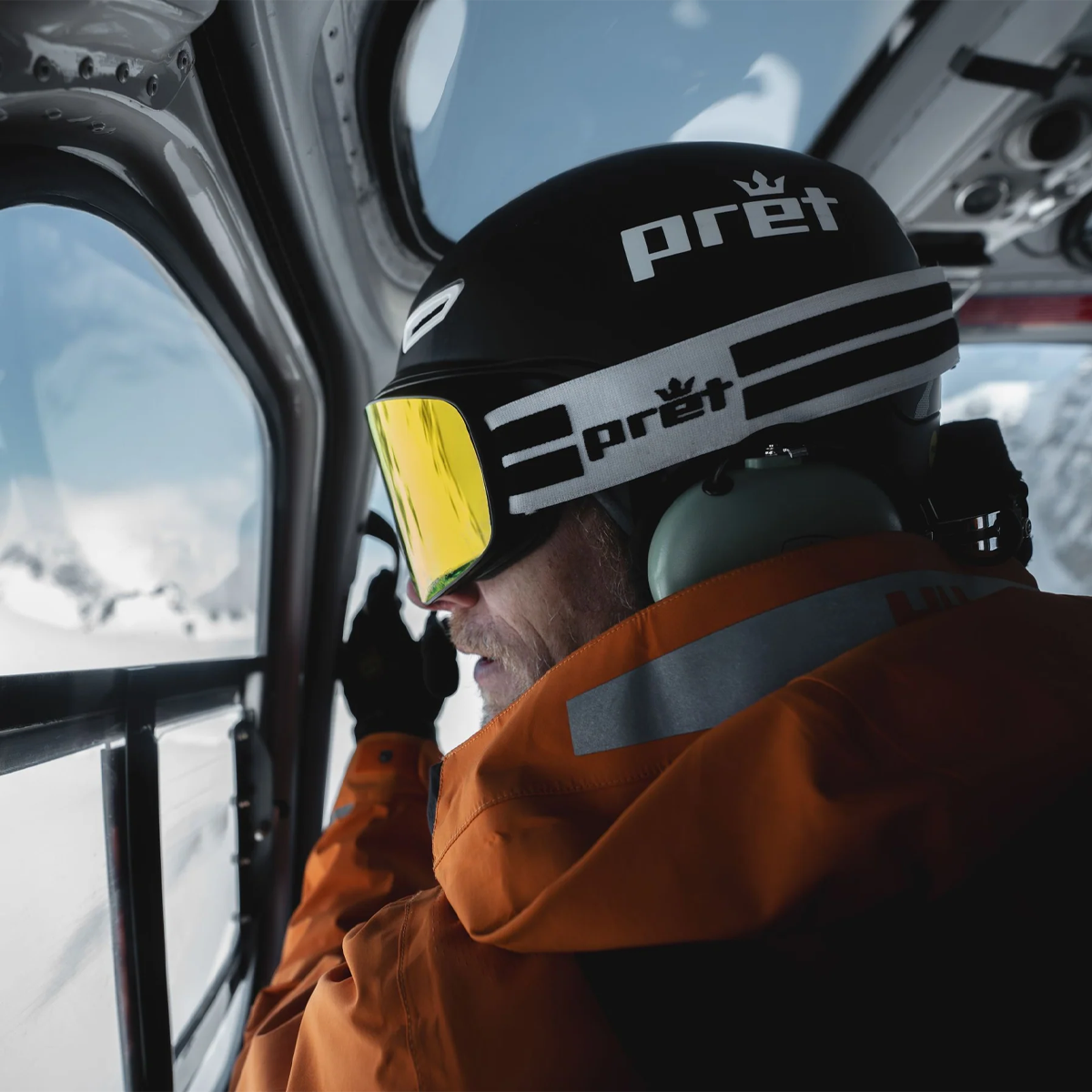 Pret Fury on skiier in helicopter looking out window