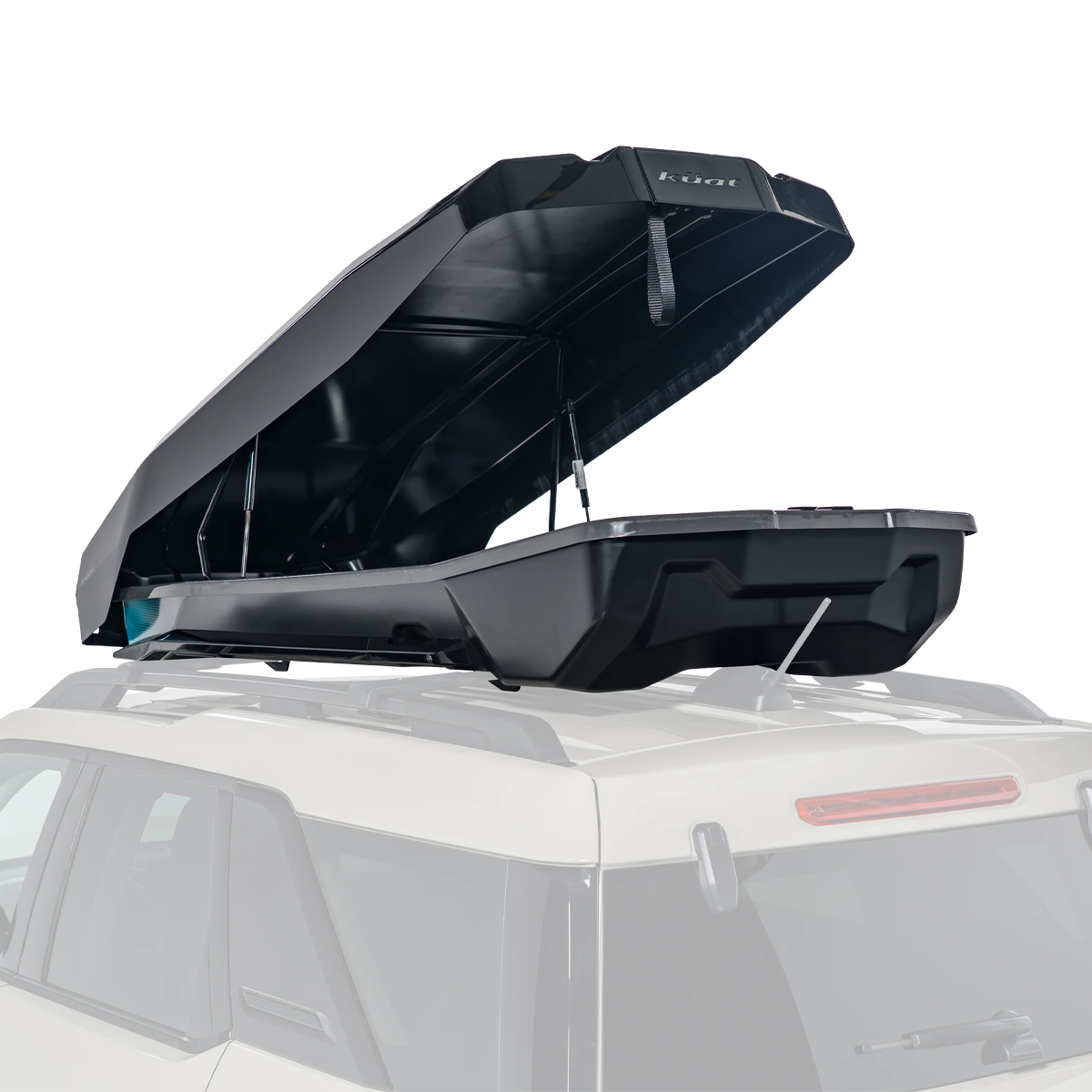 Kuat Varial XL Rooftop Cargo Box rear 3/4 view close up box open