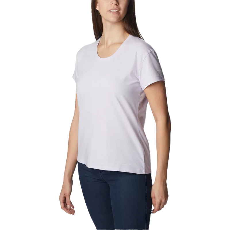 Women's Sun Trek Short Sleeve Tee, Columbia Women's Sun Trek Short Sleeve Tee 568-PURPLE TINT HEATHER on model front