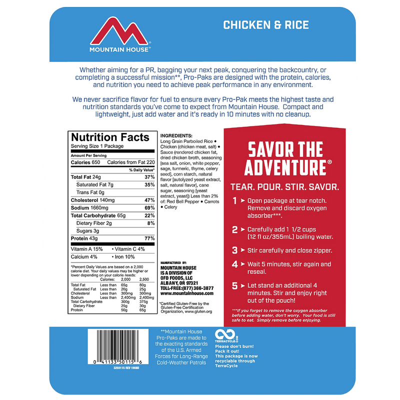 Chicken & Rice Gluten Free Pro Pak, Mountain House Chicken & Rice Gluten Free Pro Pak back