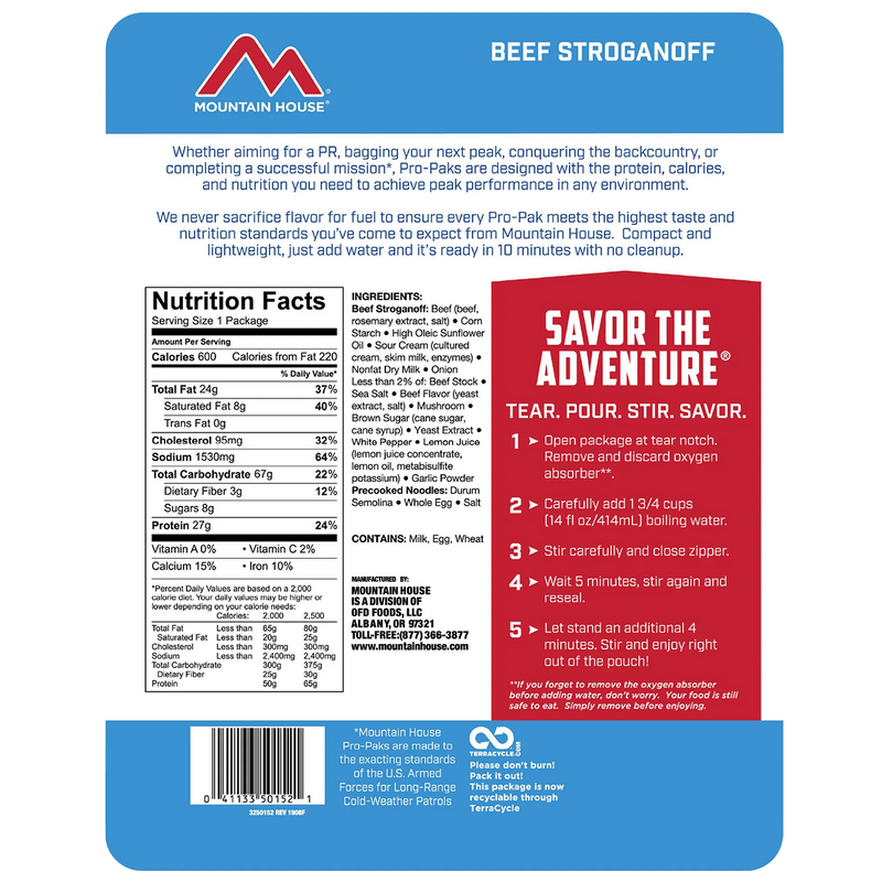 Beef Stroganoff Noodles Pro Pak, Mountain House Beef Stroganoff Noodles Pro Pak back