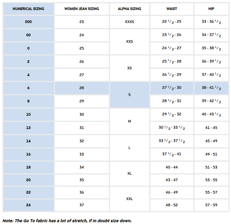 Women's GO TO Pant, Dovetail Women's GO TO Pant  size chart