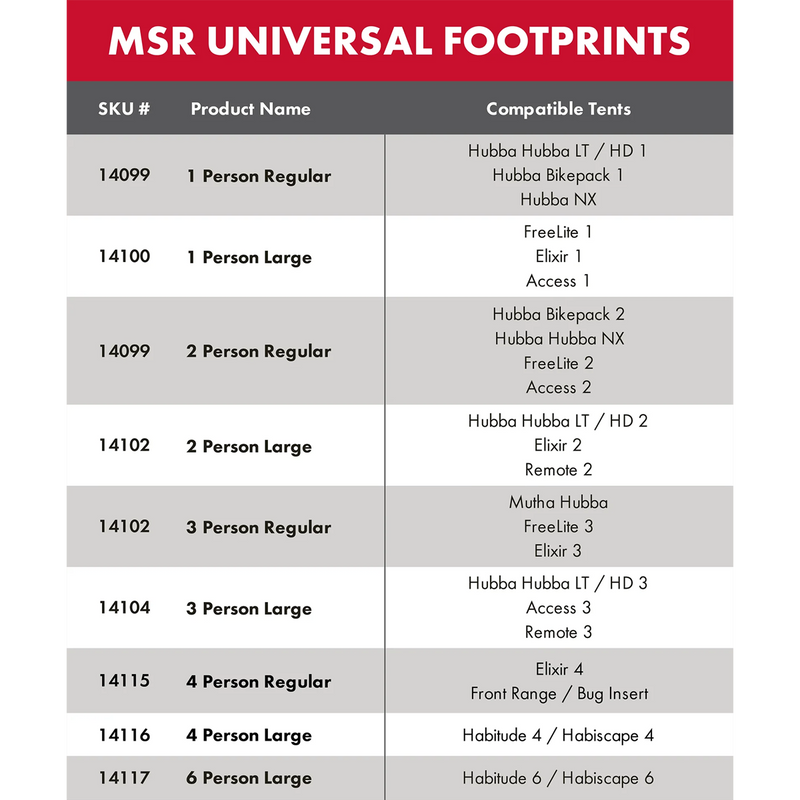 Universal 1 Person Regular Footprint, MSR Universal Footprint size chart