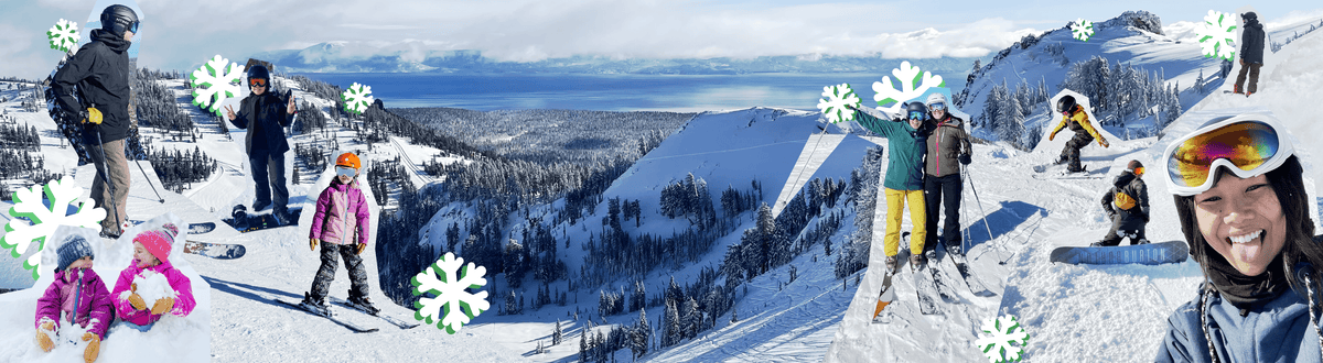 Collage of winter mountains, skiers, snowboarders, mountains and kids in the snow, with Lake Tahoe in the background.