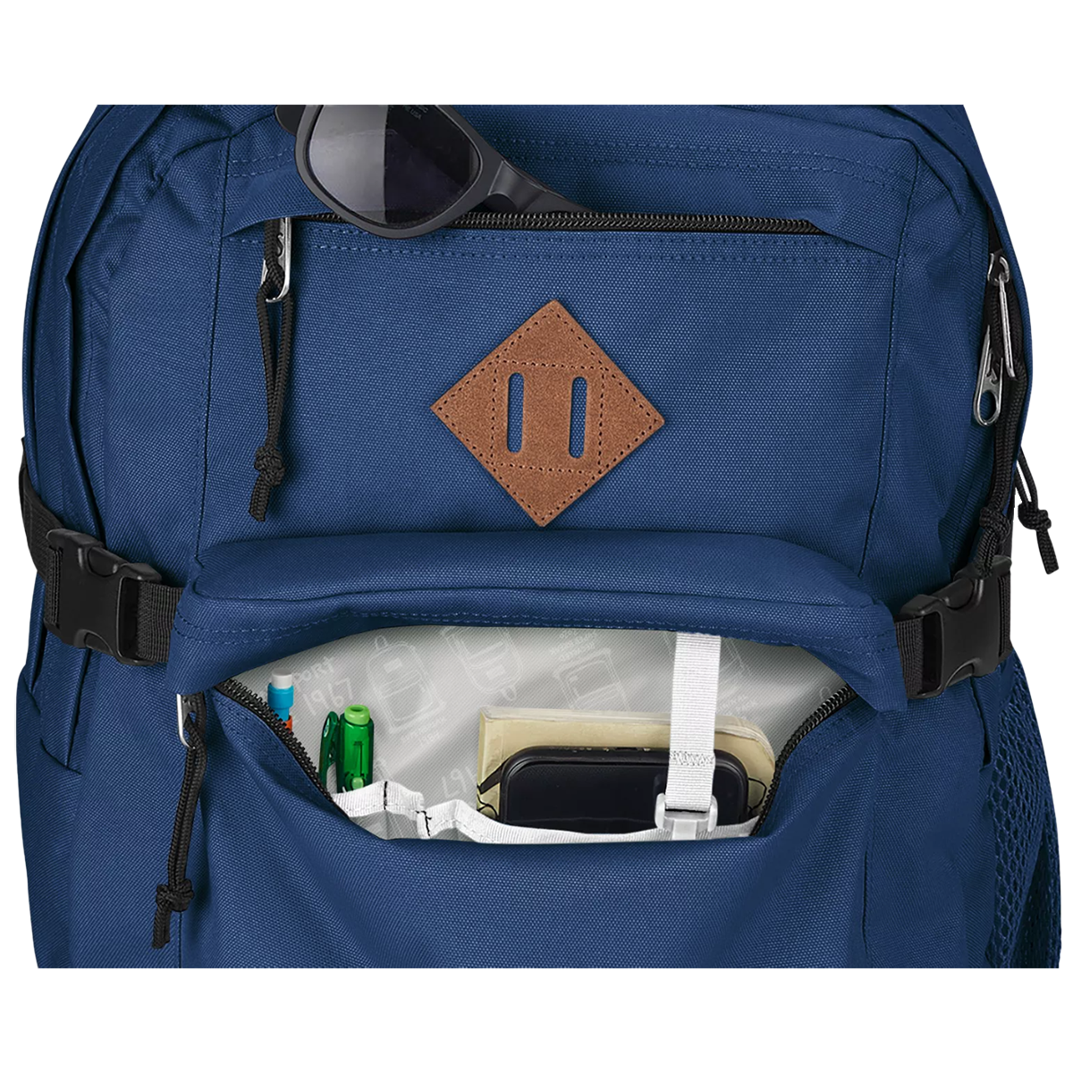navy blue jansport backpack with brown leather one pocket Main Campus – Sports Basement