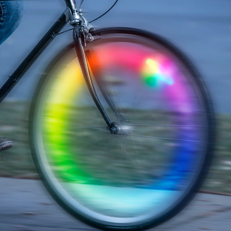 SpokeLit Rechargeable Disco-Select Wheel Light, Nite Ize SpokeLit Rechargeable Disco-Select Wheel Light on bike wheel