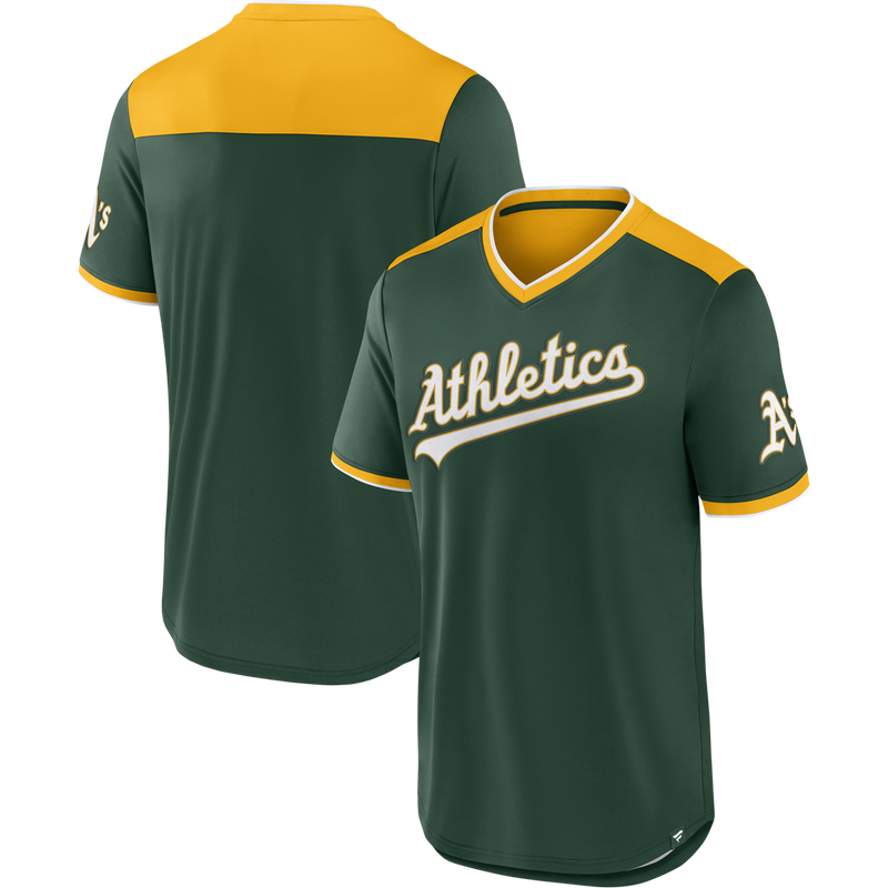 Men's A's Fundamentals Poly Walk Off Short Sleeve, Fanatics Men's A's Fundamentals Poly Walk Off Short Sleeve front and back