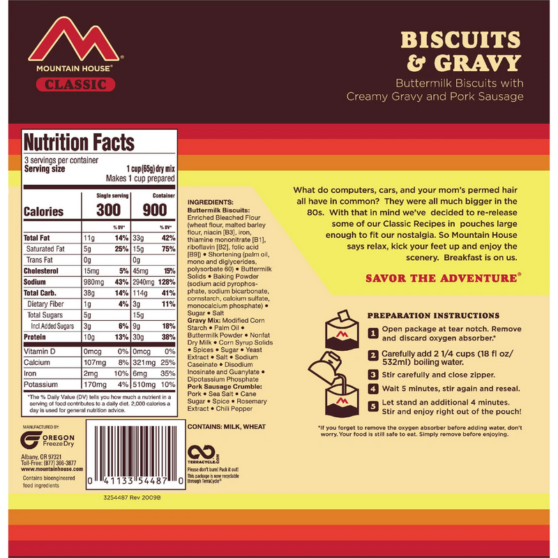 Classic Biscuits & Gravy (3 Servings), Mountain House Biscuits and Gravy (3 Servings) back of package