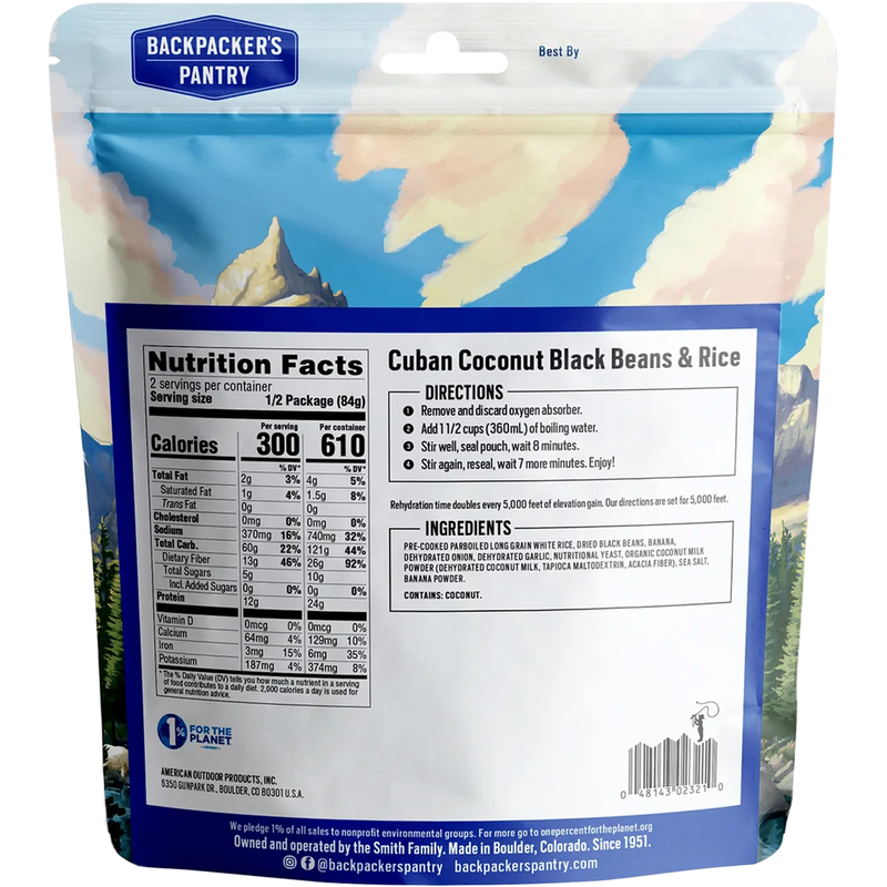 Cuban Coconut Rice & Black Beans (2 Servings), Backpacker's Pantry Cuban Coconut Rice & Black Beans (2 Servings) back of package
