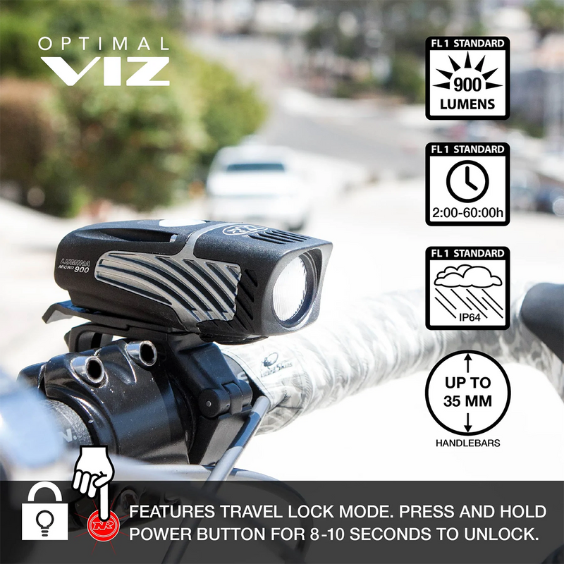 Lumina Micro 900 / Vmax+ Combo, NiteRider Lumina Micro 900 / Vmax+ Combo One on handle bar and details
