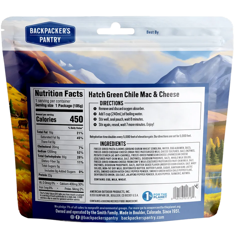 Hatch Chile Mac & Cheese, Backpacker's Pantry Hatch Chile Mac & Cheese Alt View Back