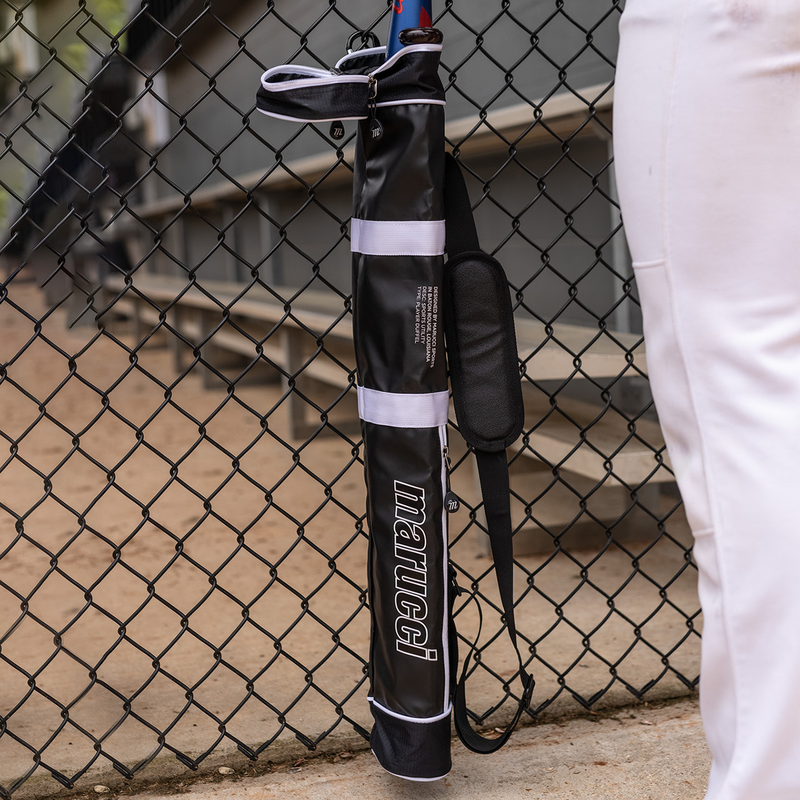 Bat Quiver, Marucci Sports Bat Quiver Black next to fence
