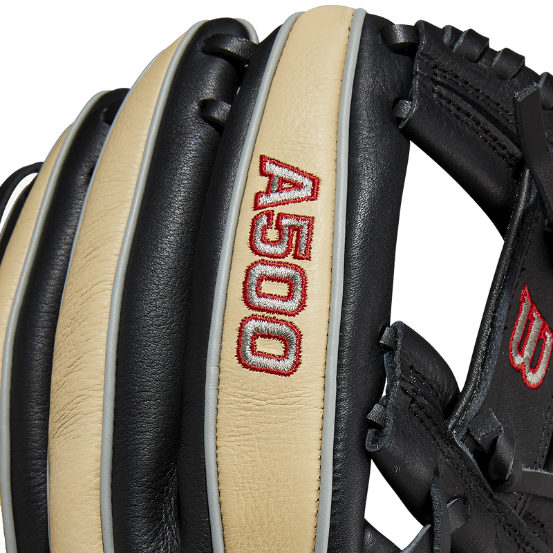 Youth A500 AP 11.5" H-Web Left Hand Throw, Wilson A500 AP 2023 - 11.5" H-Web Left Hand Throw Black/Blonde/Red logo